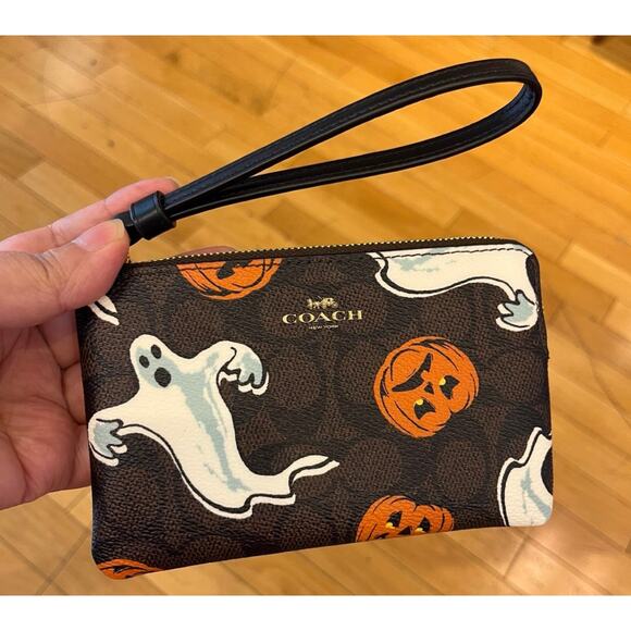 Coach Accessories - Coach Corner Zip Wristlet in Signature Canvas with Halloween Print Walnut NWT*